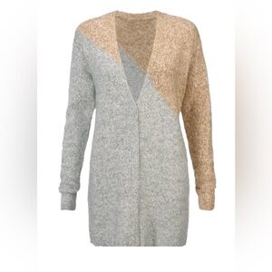 CAbi Two-Tone Open Knit Cardigan in Gray and Tan
